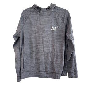 American Eagle Flex Hoodie M Gray Polyester Lightweight Pullover With Logo On Sl